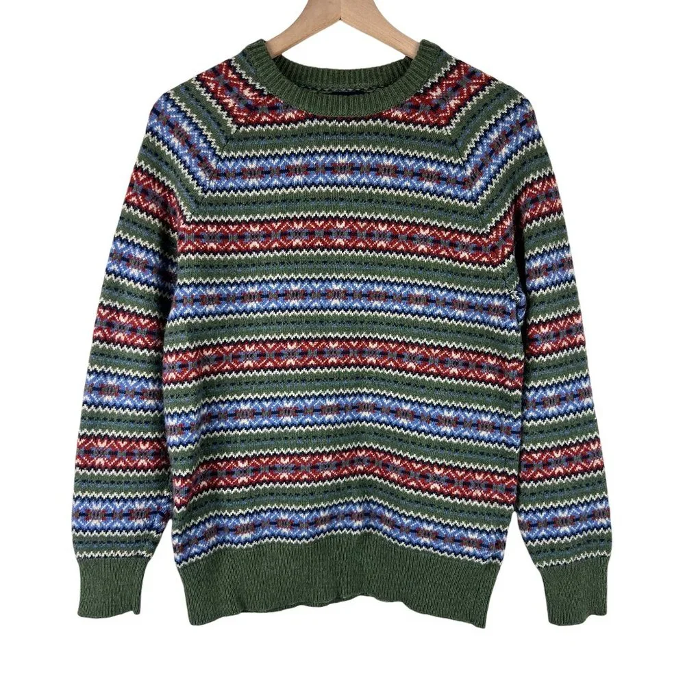 J. Crew Factory Mens Olive Lambswool-blend Fair Isle Crewneck Sweater